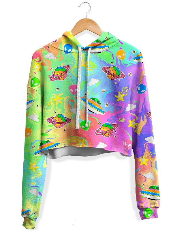 Women's oversized cropped hoodie with drawstrings for a trendy lookTrippy Alien Invasion Fleece Crop Hoodie Women's oversized cropped hoodie with drawstrings for a trendy lookTrippy Alien Invasion Fleece Crop Hoodie