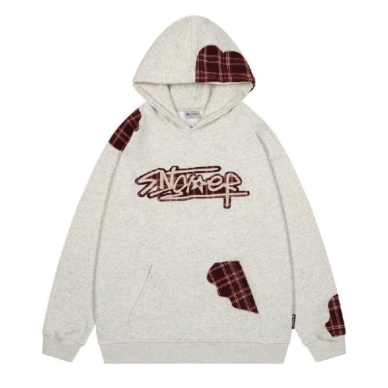 Women's quarter - zip sweatshirt made of organic cotton for eco - conscious fashionVintage Letter Plaid Patch Hoodie Women's quarter - zip sweatshirt made of organic cotton for eco - conscious fashionVintage Letter Plaid Patch Hoodie