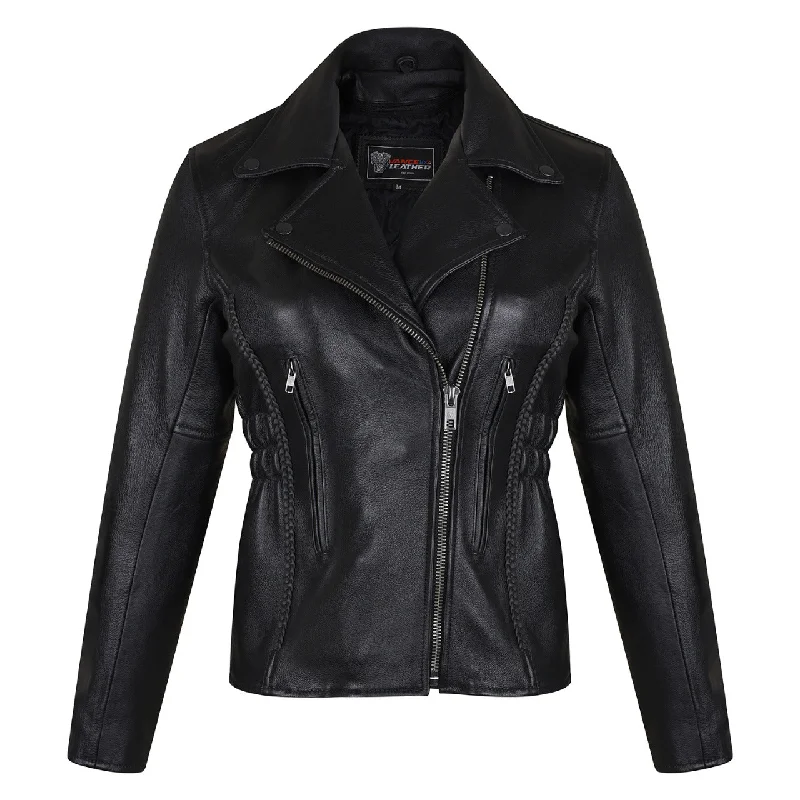 Women's waterproof rain jackets in bright yellow for high - visibility outdoor activitiesVL615S Vance Leather Ladies Standard Leather Braid and Stud Motorcycle Leather Jacket