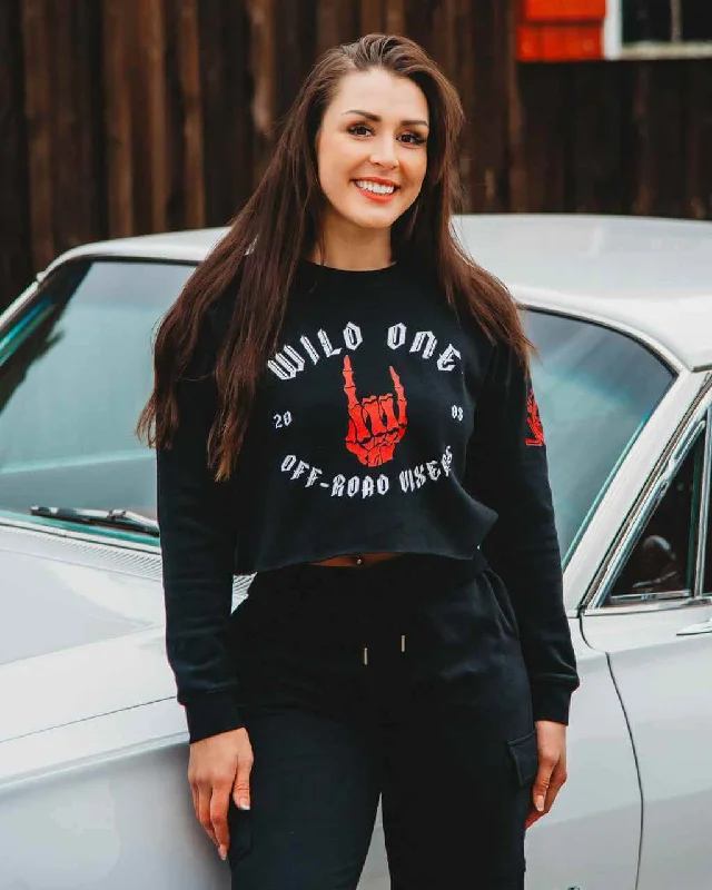 Women's cropped sweatshirt with a lace - trimmed hem for a romantic lookWild One Cropped Crew Sweatshirt Women's cropped sweatshirt with a lace - trimmed hem for a romantic lookWild One Cropped Crew Sweatshirt