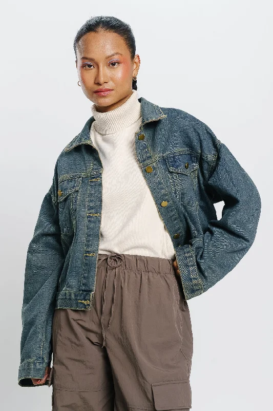 Women's cropped leather jackets with silver zippers for a punk - inspired outfitVintage Flared Denim Jacket Women's cropped leather jackets with silver zippers for a punk - inspired outfitVintage Flared Denim Jacket