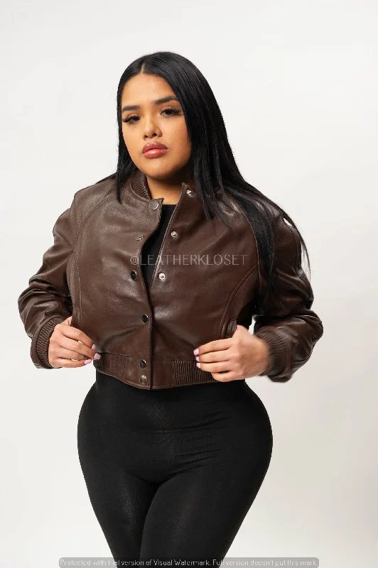 Women's bomber jackets with a holographic finish for a futuristic and eye - catching lookWomen's Crop Leather Varsity Jacket [Brown]