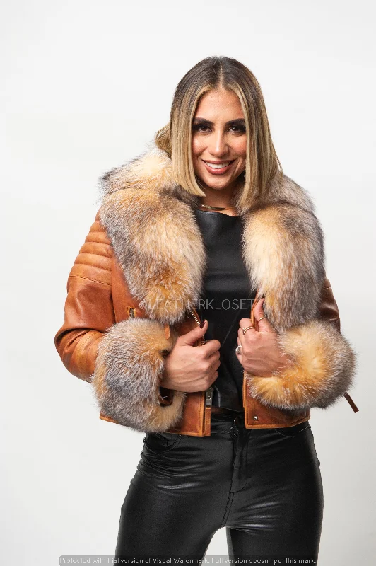 Women's cropped leather jackets with a fringe detail for a western - inspired outfitWomen's Jay Biker Full Fox Fur [Caramel Crunch]