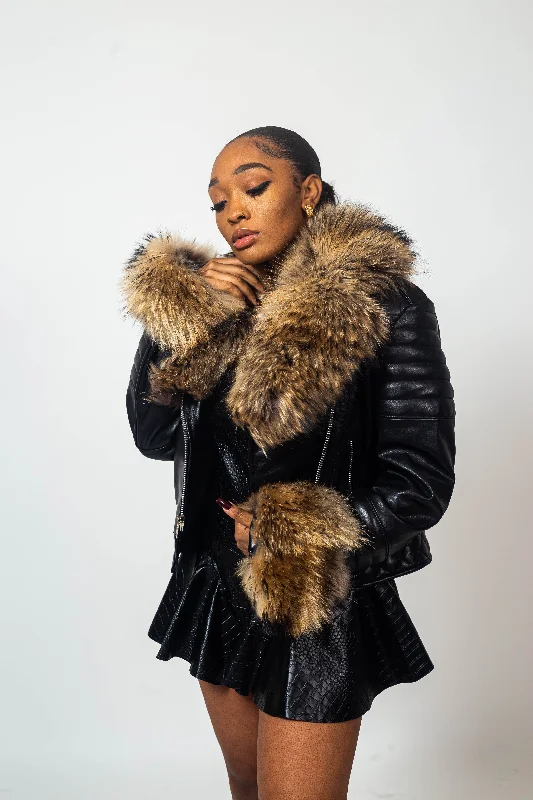 Women's cropped leather jackets with silver zippers for a punk - inspired outfitWomen's Jay Biker Full Raccoon Collar And Cuff