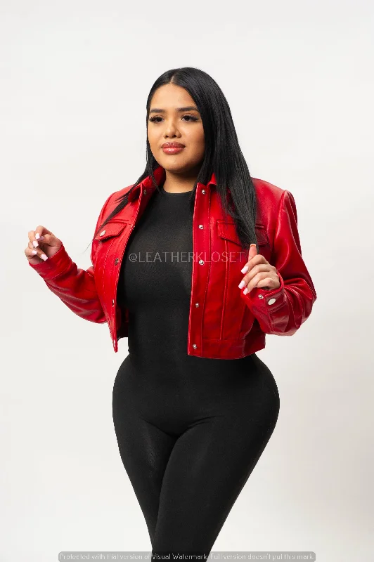 Women's double - breasted tweed jackets in classic colors for a sophisticated office lookWomen's Jean Jacket [Red]