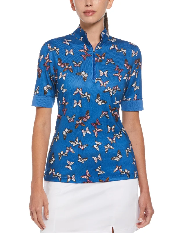 Polo shirt with a detachable hood for added versatilityWomens 1/2 Zip Sleeve Butterfly Polo Top Polo shirt with a detachable hood for added versatilityWomens 1/2 Zip Sleeve Butterfly Polo Top