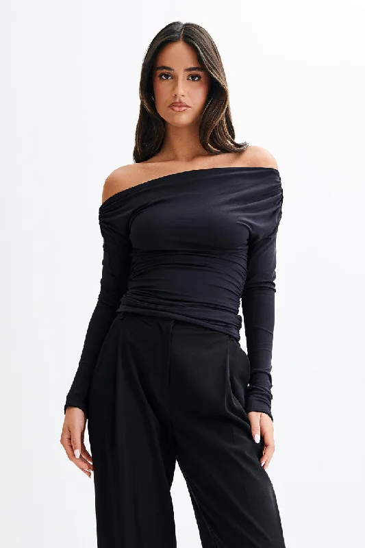 Metallic Accent Women Long Sleeve Top for a Glamorous LookAlayna Long Sleeve Recycled Nylon Ruched Top - Black Metallic Accent Women Long Sleeve Top for a Glamorous LookAlayna Long Sleeve Recycled Nylon Ruched Top - Black