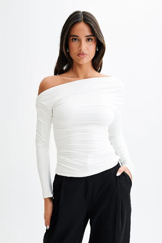 Button - Down Women Long Sleeve Top for a Classic StyleAlayna Long Sleeve Recycled Nylon Ruched Top - White Button - Down Women Long Sleeve Top for a Classic StyleAlayna Long Sleeve Recycled Nylon Ruched Top - White