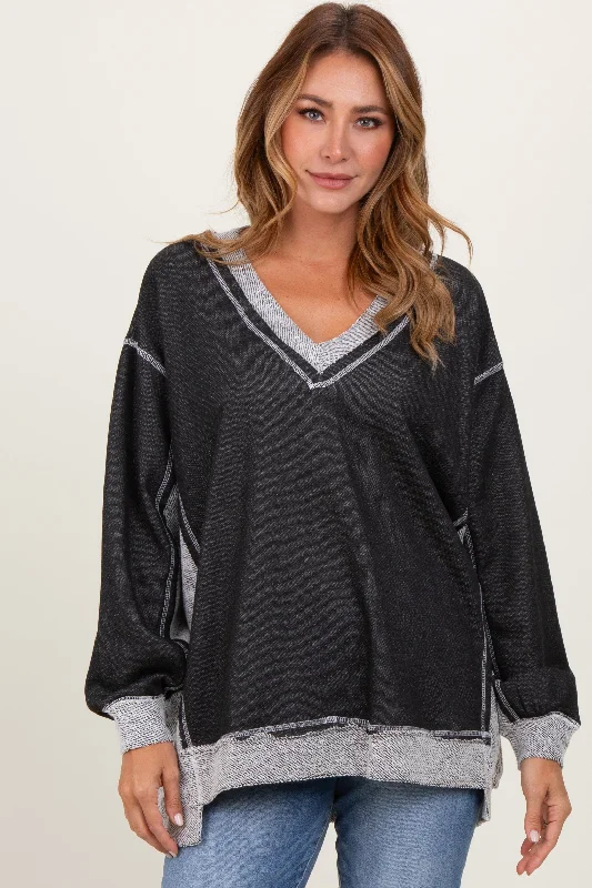 Lightweight Women Long Sleeve Top for Spring and AutumnBlack Contrast French Terry Long Sleeve Top Lightweight Women Long Sleeve Top for Spring and AutumnBlack Contrast French Terry Long Sleeve Top