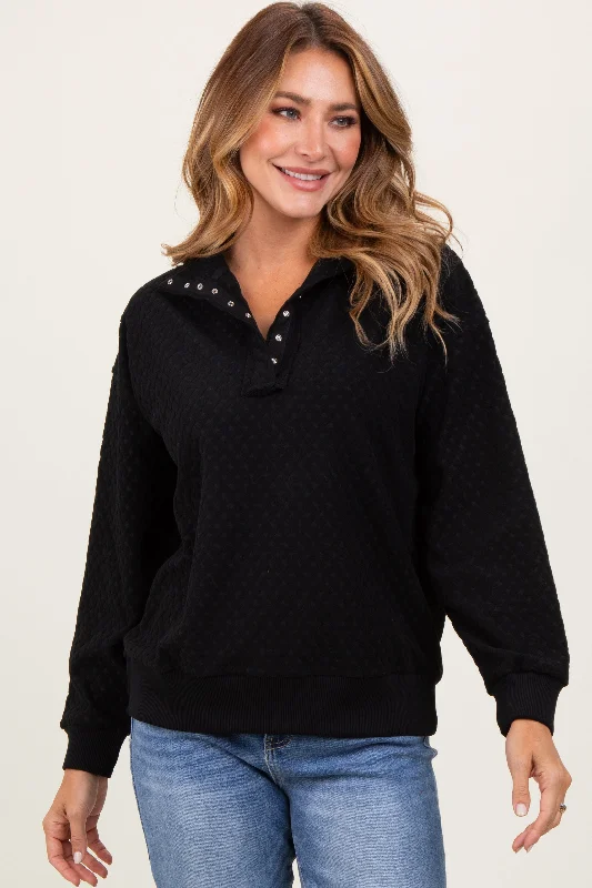 Plus Size Women Long Sleeve Top for a Flattering and Comfortable FitBlack Quilted Knit Snap Collar Pullover Top Plus Size Women Long Sleeve Top for a Flattering and Comfortable FitBlack Quilted Knit Snap Collar Pullover Top