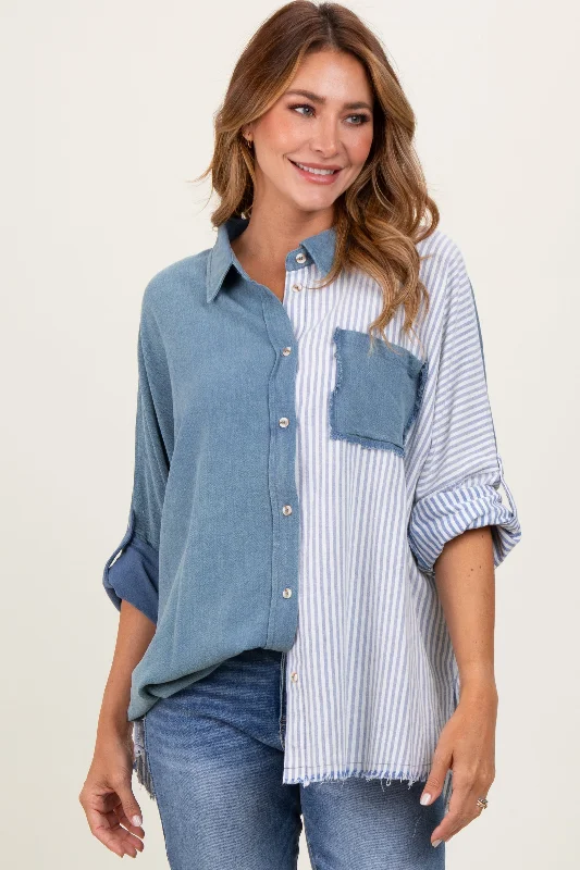 Metallic Accent Women Long Sleeve Top for a Glamorous LookBlue Colorblock Stripe Oversized Button Down Metallic Accent Women Long Sleeve Top for a Glamorous LookBlue Colorblock Stripe Oversized Button Down