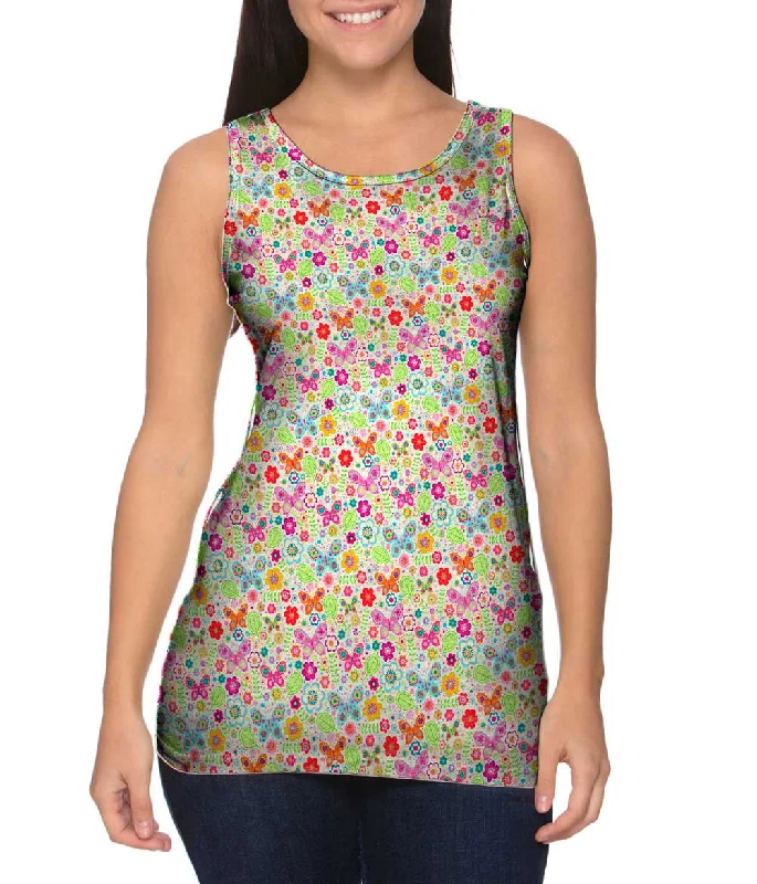 Plus Size Women's Glitter - Trimmed Tank Tops for Party NightsButterfly Blossom Spring Red