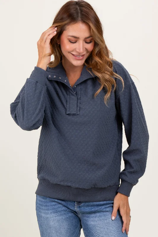 Mock Neck Women Long Sleeve Top for a Modern AestheticCharcoal Quilted Knit Snap Collar Pullover Top Mock Neck Women Long Sleeve Top for a Modern AestheticCharcoal Quilted Knit Snap Collar Pullover Top