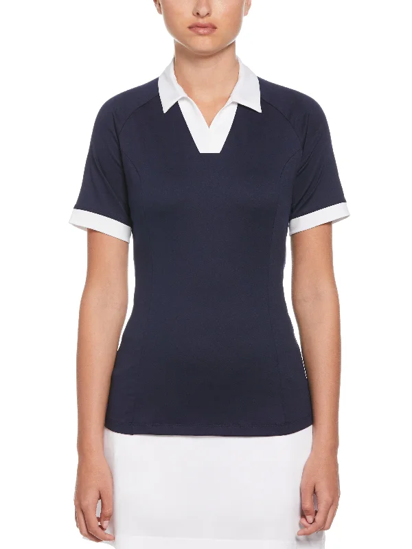 Striped linen blend polo shirt for summer beach partiesWomens Color Block V-Placket Golf Polo Striped linen blend polo shirt for summer beach partiesWomens Color Block V-Placket Golf Polo