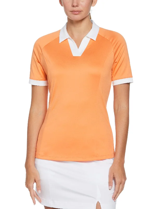 Button - down collar polo shirt in stretchy spandex blendWomens Color Block V-Placket Golf Polo Button - down collar polo shirt in stretchy spandex blendWomens Color Block V-Placket Golf Polo