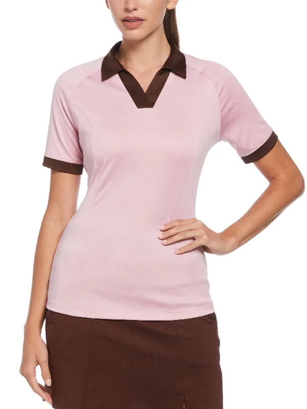 Polo shirt with a cropped length for a trendy lookWomens Color Block V-Placket Golf Polo Polo shirt with a cropped length for a trendy lookWomens Color Block V-Placket Golf Polo