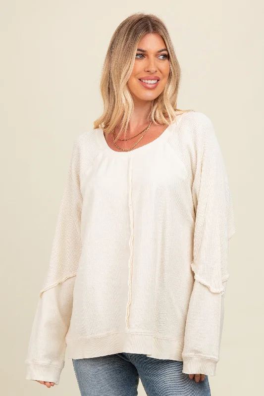 Plaid Women Long Sleeve Top for a Preppy VibeCream Mixed Knit Raw Hem Pullover Top
