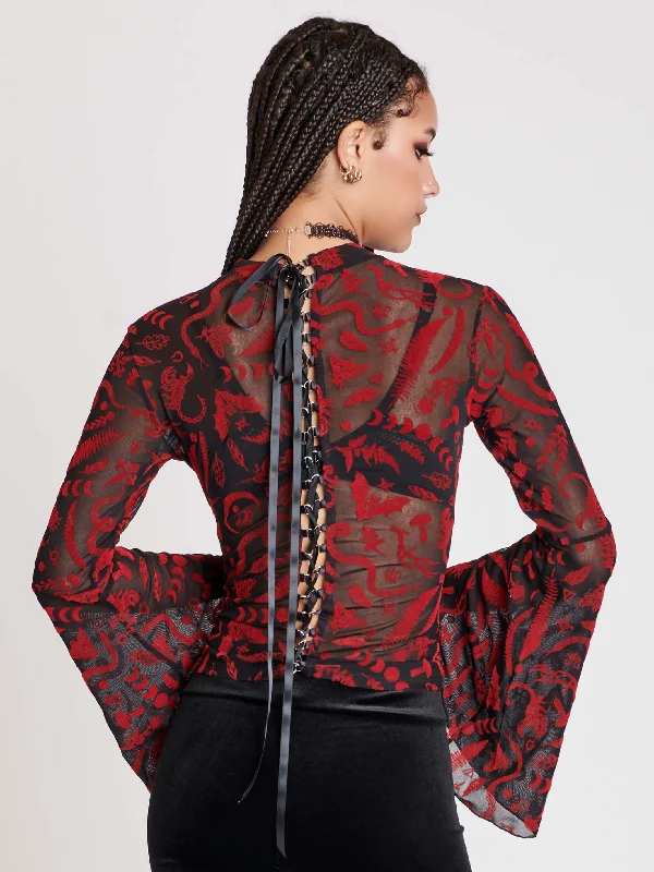 Plus Size Women Long Sleeve Top for a Flattering and Comfortable FitCreatures Flocked Mesh Bell Sleeve Top Plus Size Women Long Sleeve Top for a Flattering and Comfortable FitCreatures Flocked Mesh Bell Sleeve Top
