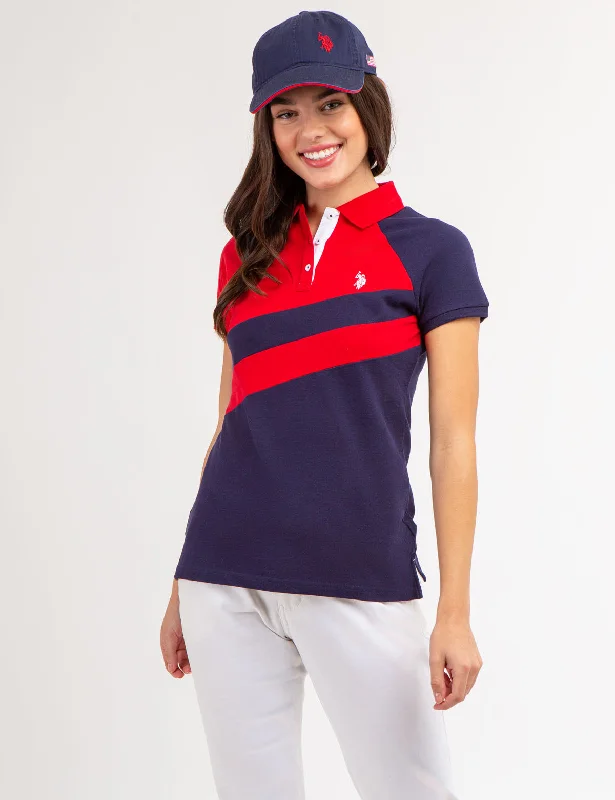 Polo shirt with a built - in bra for added supportDIAGONAL SASH COLORBLOCK POLO SHIRT Polo shirt with a built - in bra for added supportDIAGONAL SASH COLORBLOCK POLO SHIRT