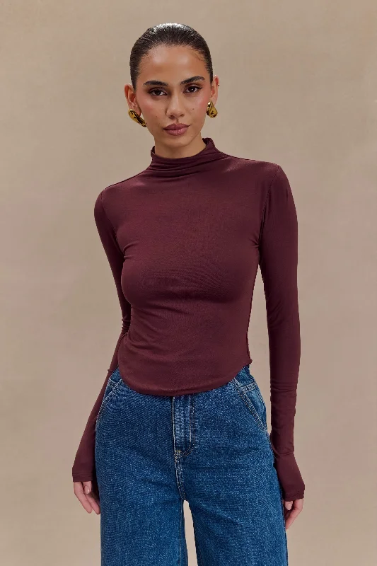 Printed Graphic Women Long Sleeve Top with a Bold StatementEmber Modal Long Sleeve High Neck Top - Mahogany Printed Graphic Women Long Sleeve Top with a Bold StatementEmber Modal Long Sleeve High Neck Top - Mahogany