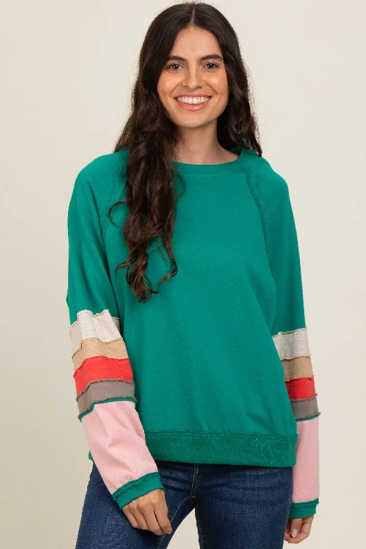 Floral Printed Women Long Sleeve Top for a Romantic LookEmerald Green Colorblock Sleeve Pullover Floral Printed Women Long Sleeve Top for a Romantic LookEmerald Green Colorblock Sleeve Pullover