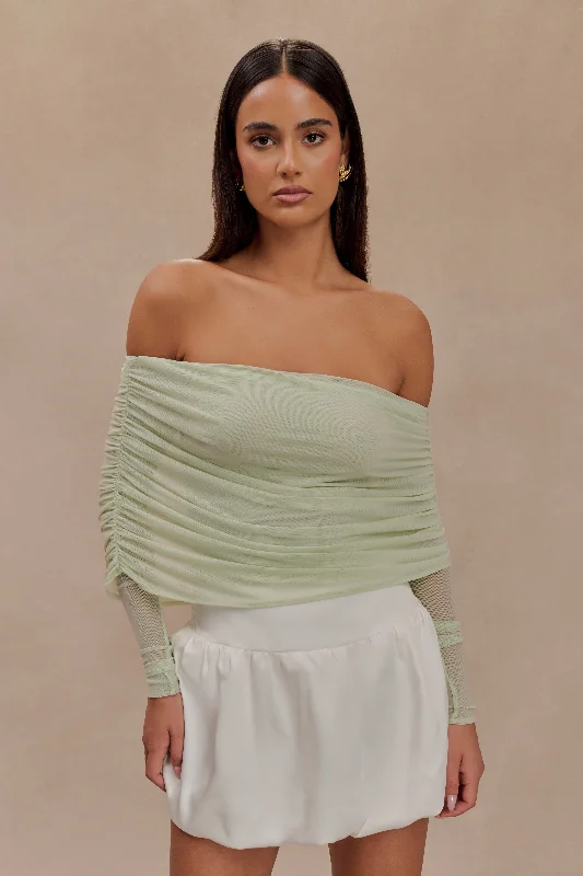 Printed Graphic Women Long Sleeve Top with a Bold StatementEverly Sheer Mesh Off Shoulder Top - Pastel Green Printed Graphic Women Long Sleeve Top with a Bold StatementEverly Sheer Mesh Off Shoulder Top - Pastel Green