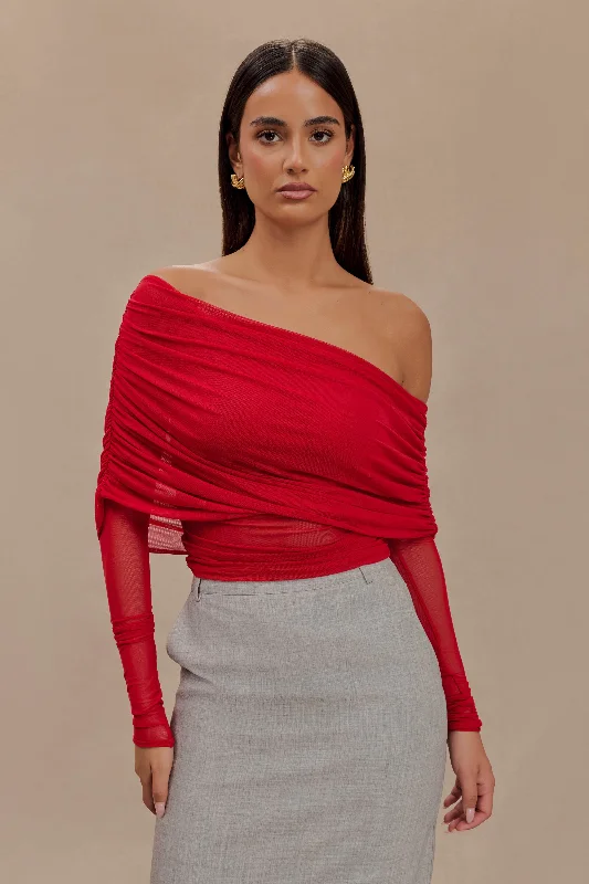Printed Graphic Women Long Sleeve Top with a Bold StatementEverly Sheer Mesh Off Shoulder Top - Ruby Printed Graphic Women Long Sleeve Top with a Bold StatementEverly Sheer Mesh Off Shoulder Top - Ruby