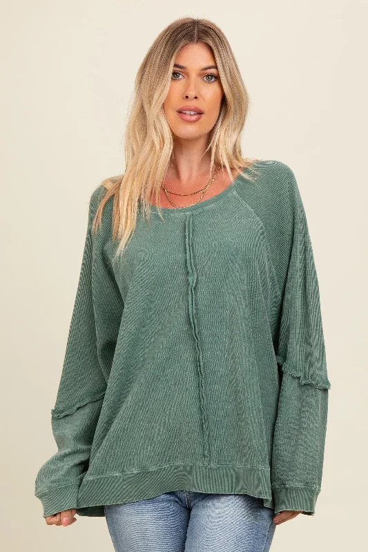 Mock Neck Women Long Sleeve Top for a Modern AestheticForest Green Mixed Knit Raw Hem Pullover Top Mock Neck Women Long Sleeve Top for a Modern AestheticForest Green Mixed Knit Raw Hem Pullover Top