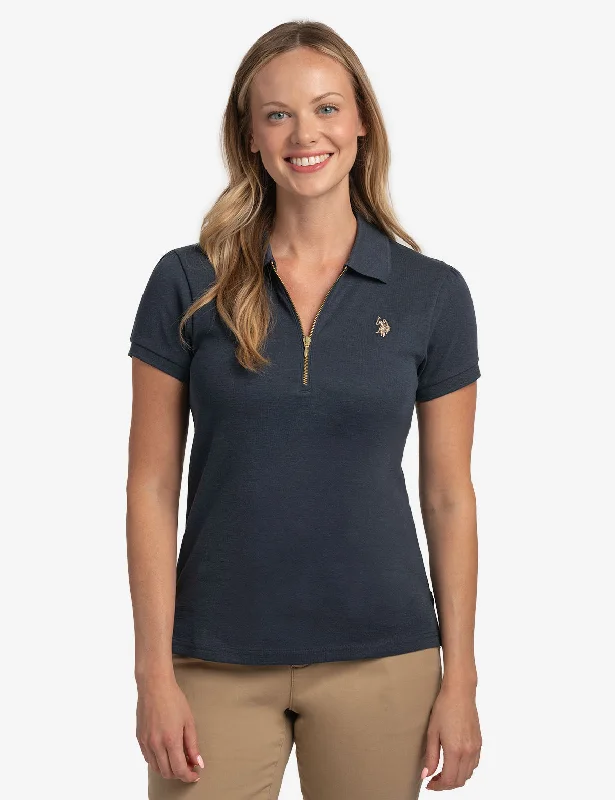 UV - protected polo shirt for outdoor enthusiastsHALF ZIP PUFF SLEEVE HEATHER POLO SHIRT UV - protected polo shirt for outdoor enthusiastsHALF ZIP PUFF SLEEVE HEATHER POLO SHIRT