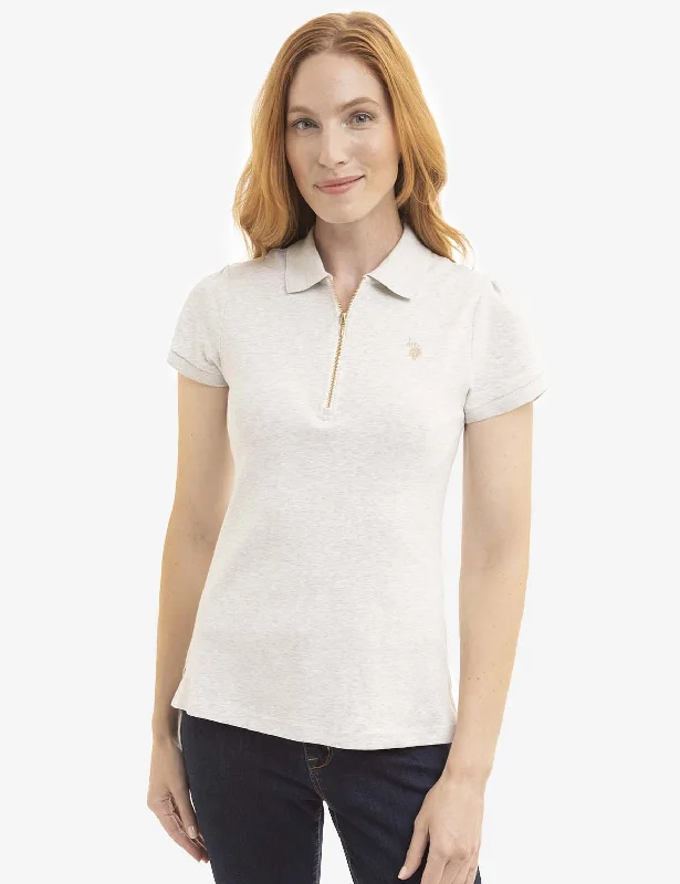 Button - through back polo shirt for a unique designHALF ZIP PUFF SLEEVE HEATHER POLO SHIRT Button - through back polo shirt for a unique designHALF ZIP PUFF SLEEVE HEATHER POLO SHIRT
