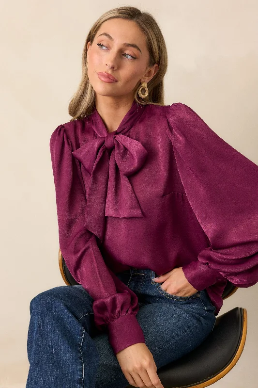 Lace - Trimmed Women Long Sleeve Top for an Elegant LookI'm In Charge Dark Purple Tie Neck Top Lace - Trimmed Women Long Sleeve Top for an Elegant LookI'm In Charge Dark Purple Tie Neck Top