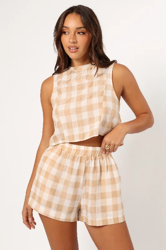 Sustainable Organic Cotton Women's Crop Top in Khaki for an Eco - Friendly ChoiceJemmy Top - Beige Check Sustainable Organic Cotton Women's Crop Top in Khaki for an Eco - Friendly ChoiceJemmy Top - Beige Check