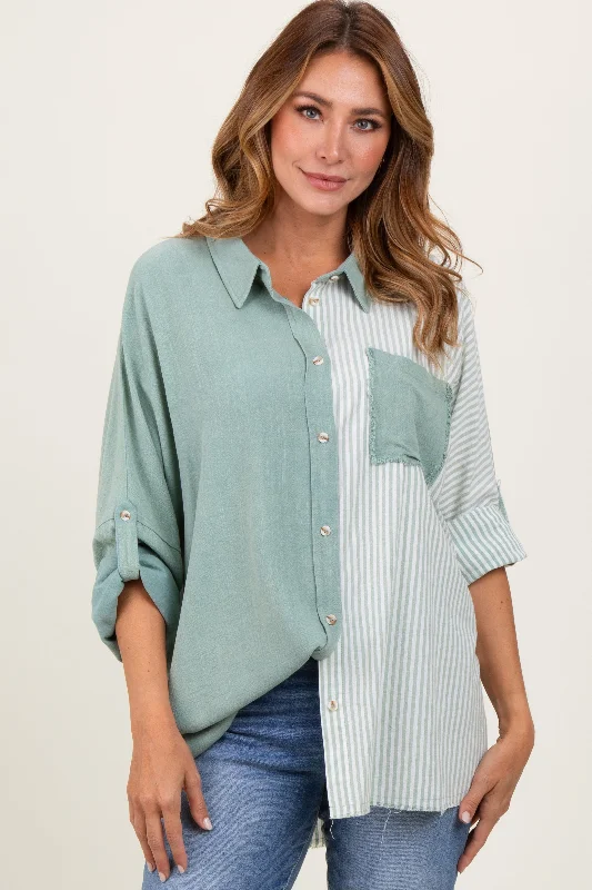 Plus Size Women Long Sleeve Top for a Flattering and Comfortable FitLight Olive Colorblock Stripe Oversized Button Down Plus Size Women Long Sleeve Top for a Flattering and Comfortable FitLight Olive Colorblock Stripe Oversized Button Down