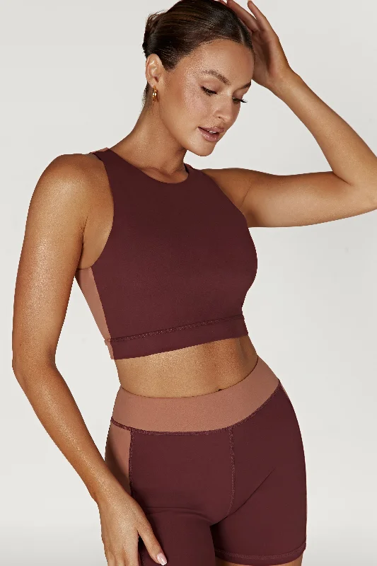 Metallic - Finish Women's Crop Top in Silver for a Futuristic and Eye - Catching LookLori Two Tone Racer Crop Top - Mahogany/Tan Metallic - Finish Women's Crop Top in Silver for a Futuristic and Eye - Catching LookLori Two Tone Racer Crop Top - Mahogany/Tan