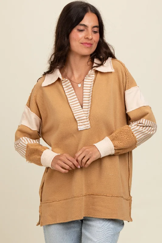 Turtleneck Women Long Sleeve Top for Cold Winter DaysMocha Colorblock Stripe Polo Pullover Top