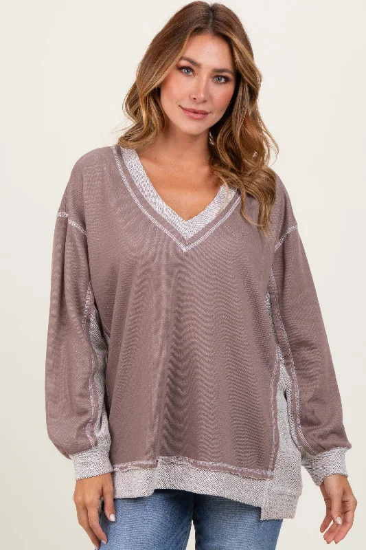 Floral Printed Women Long Sleeve Top for a Romantic LookMocha Contrast French Terry Long Sleeve Top Floral Printed Women Long Sleeve Top for a Romantic LookMocha Contrast French Terry Long Sleeve Top