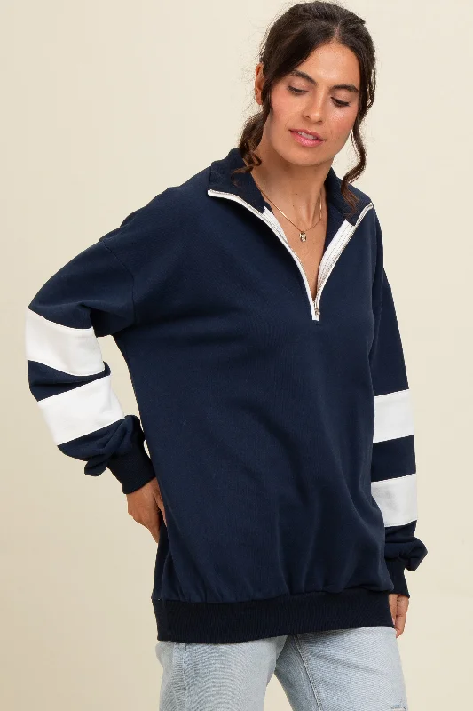 Striped Women Long Sleeve Top in a Timeless PatternNavy Half Zip Stripe Sleeve Pullover Striped Women Long Sleeve Top in a Timeless PatternNavy Half Zip Stripe Sleeve Pullover