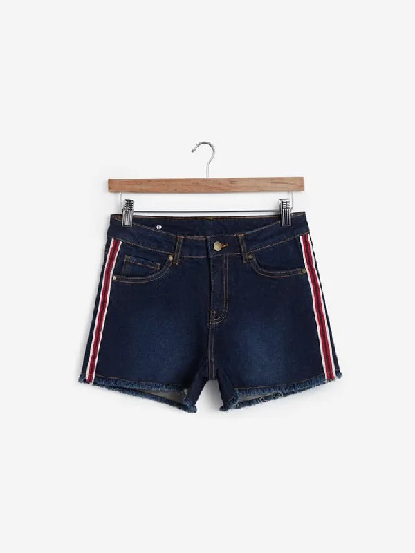 Denim Women Shorts with Distressed Details for a Casual VibeNuon Dark Blue Tape Detailed Denim Shorts Denim Women Shorts with Distressed Details for a Casual VibeNuon Dark Blue Tape Detailed Denim Shorts