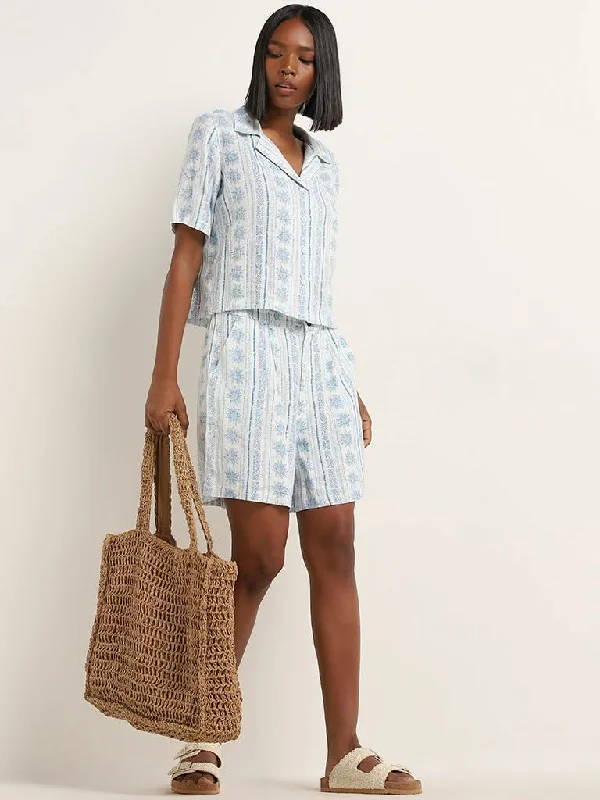 Cuffed Women Shorts for a Laid - Back and Trendy LookNuon White & Blue Printed Mid-Rise Cotton Shorts Cuffed Women Shorts for a Laid - Back and Trendy LookNuon White & Blue Printed Mid-Rise Cotton Shorts