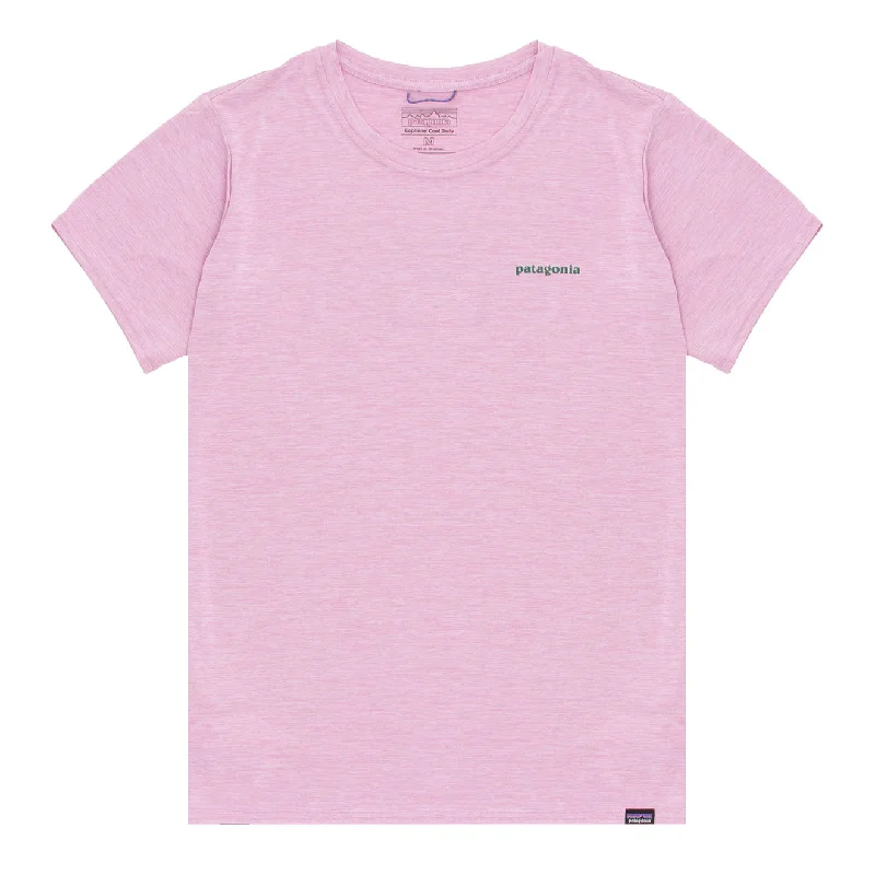 Polo shirt with a scalloped hem for a feminine detailPatagonia Womens Capilene Cool Daily Graphic Shirt - Waters Boardshort Logo: Milkweed Mauve X-Dye