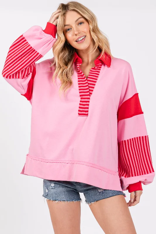 Wrap - Style Women Long Sleeve Top for a Versatile FitPink Colorblock Striped Long Sleeve Top Wrap - Style Women Long Sleeve Top for a Versatile FitPink Colorblock Striped Long Sleeve Top