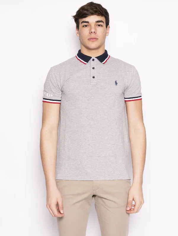 Striped linen blend polo shirt for summer beach partiesPolo con Righe e Scritta Grigio Striped linen blend polo shirt for summer beach partiesPolo con Righe e Scritta Grigio