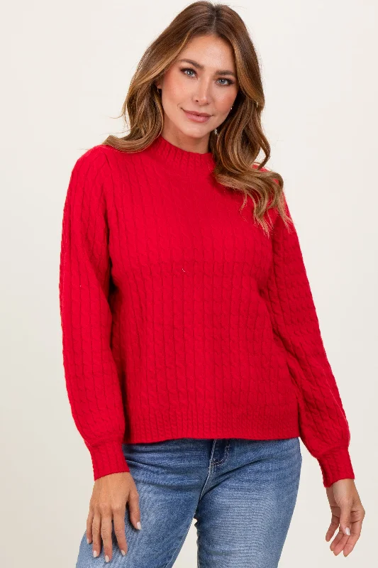 Metallic Accent Women Long Sleeve Top for a Glamorous LookRed Cable Knit Mock Neck Bubble Sleeve Sweater Metallic Accent Women Long Sleeve Top for a Glamorous LookRed Cable Knit Mock Neck Bubble Sleeve Sweater