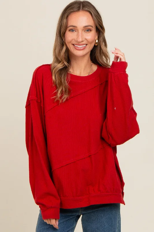 Button - Down Women Long Sleeve Top for a Classic StyleRed Exposed Seam Dolman Sleeve Sweatshirt Button - Down Women Long Sleeve Top for a Classic StyleRed Exposed Seam Dolman Sleeve Sweatshirt