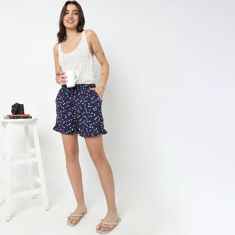 Ruffled Hem Women Shorts to Add a Feminine TouchRegular Fit Floral Mid Rise Lounge Shorts Ruffled Hem Women Shorts to Add a Feminine TouchRegular Fit Floral Mid Rise Lounge Shorts