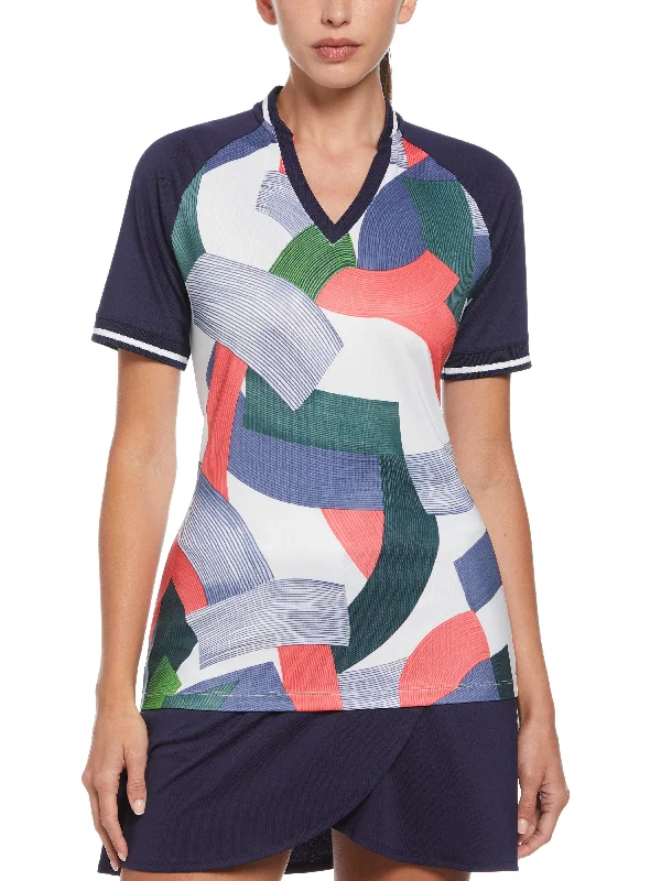 Button - down collar polo shirt in stretchy spandex blendWomens Ribbons Polo w/ Ribbed Collar & Cuff Button - down collar polo shirt in stretchy spandex blendWomens Ribbons Polo w/ Ribbed Collar & Cuff