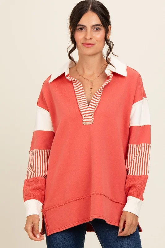 Puffer - Sleeve Women Long Sleeve Top for a Fashion - Forward LookRust Colorblock Stripe Polo Pullover Top Puffer - Sleeve Women Long Sleeve Top for a Fashion - Forward LookRust Colorblock Stripe Polo Pullover Top