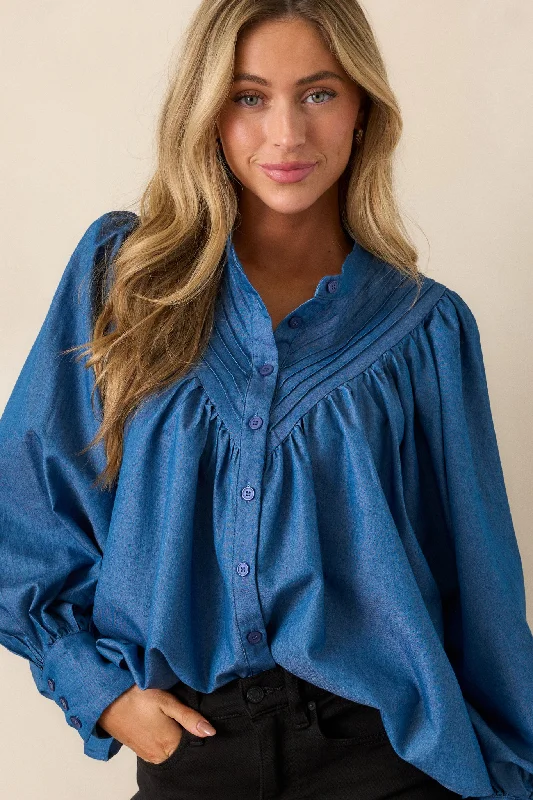 Ruffled Cuff Women Long Sleeve Top with a Feminine TouchSee What Happens Medium Wash Chambray Blouse Ruffled Cuff Women Long Sleeve Top with a Feminine TouchSee What Happens Medium Wash Chambray Blouse