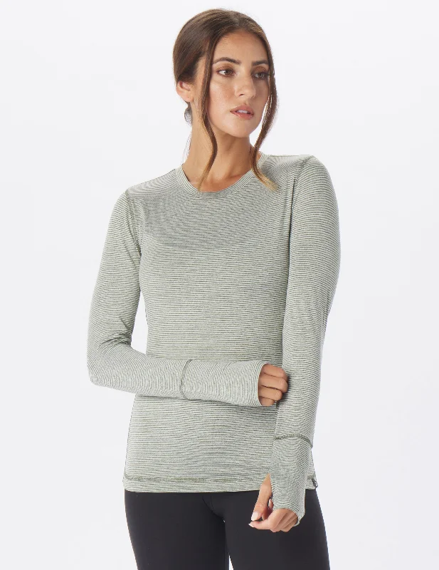 Ribbed Women Long Sleeve Top with a Textured AppealSimplicity Long Sleeve: Chive / Oatmilk Stripe
