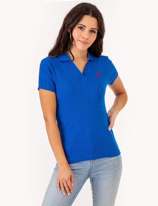 Women's classic white cotton polo shirt for casual outingsSPLIT NECK RIBBED POLO SHIRT Women's classic white cotton polo shirt for casual outingsSPLIT NECK RIBBED POLO SHIRT